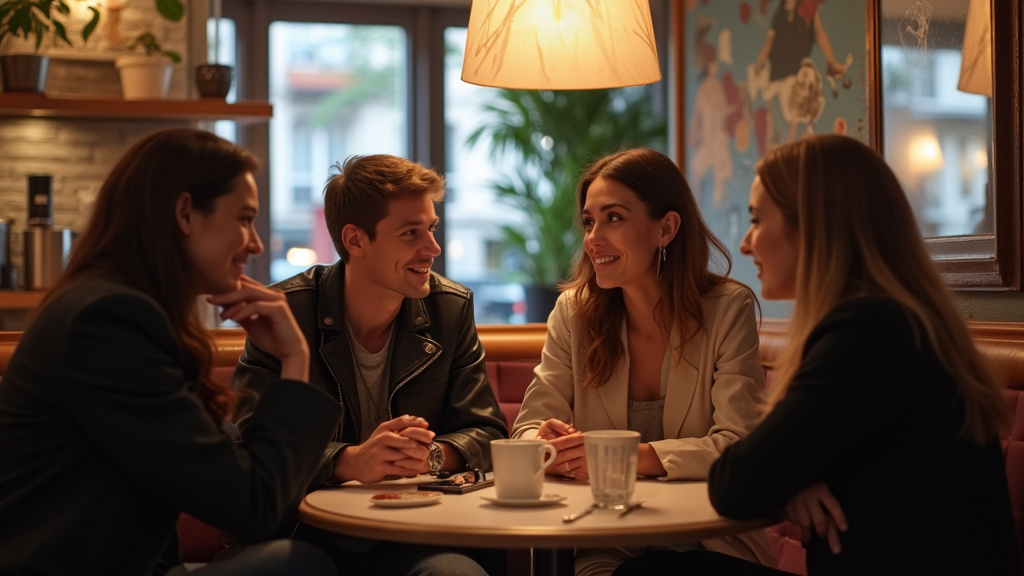Personnes en discussion dans un café parisien, ambiance sécurisante et respectueuse pour des rencontres trans