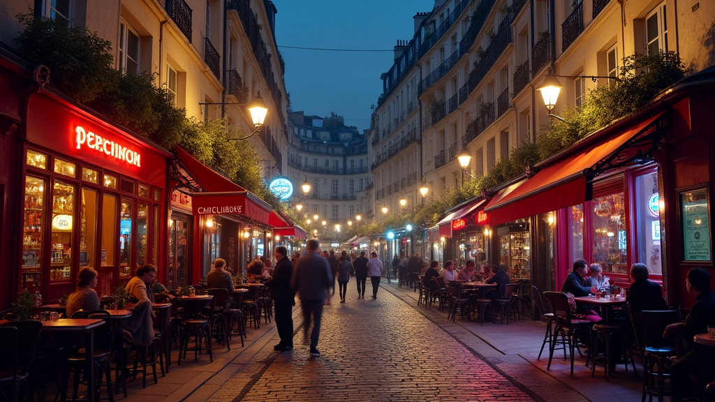 Ambiance nocturne du 17e arrondissement de Paris, avec rues éclairées, passants et bars animés