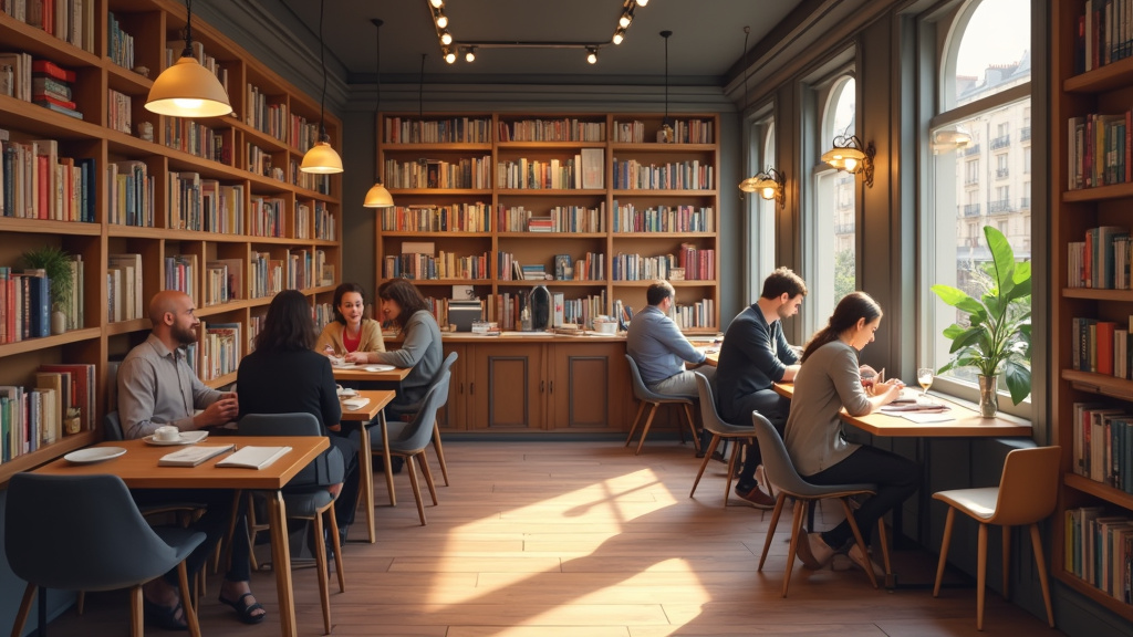 Librairie indépendante dans le 1er arrondissement, clients en train de lire, ambiance chaleureuse
