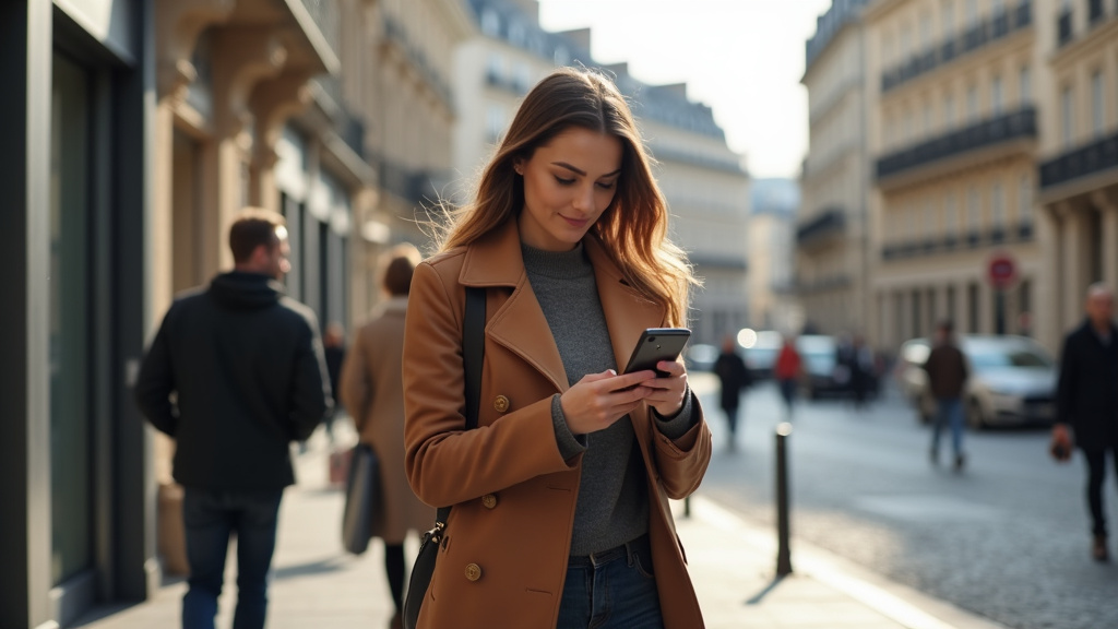 Personne transgenre en train de vérifier son téléphone avant un rendez-vous en extérieur, dans un quartier de Paris