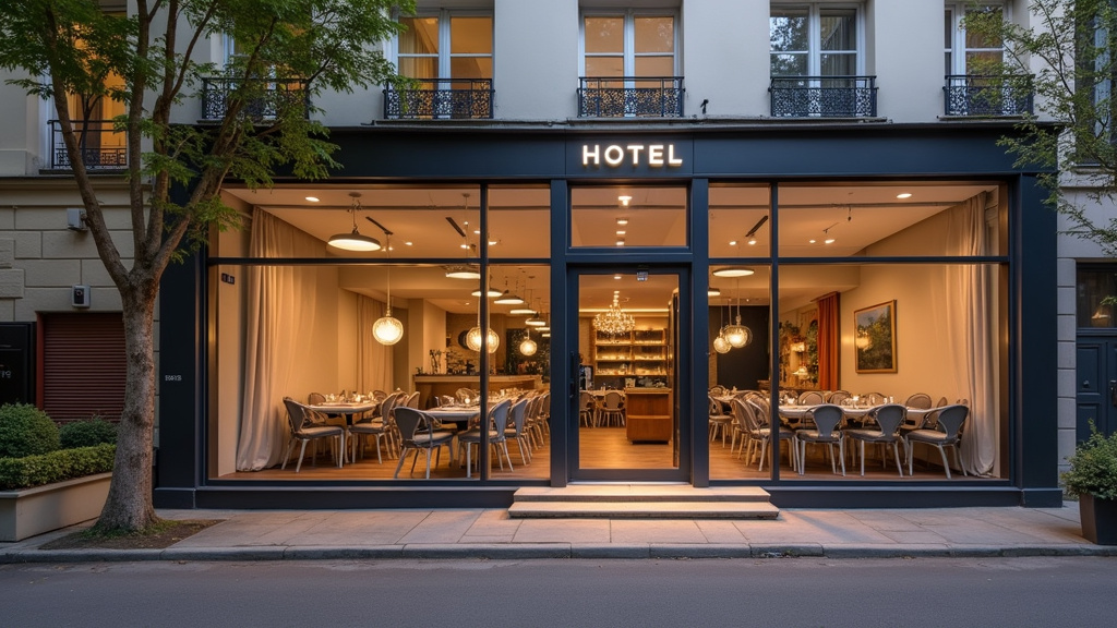 Hôtel moderne dans le 3ème arrondissement, avec des vitrines lumineuses et une ambiance accueillante