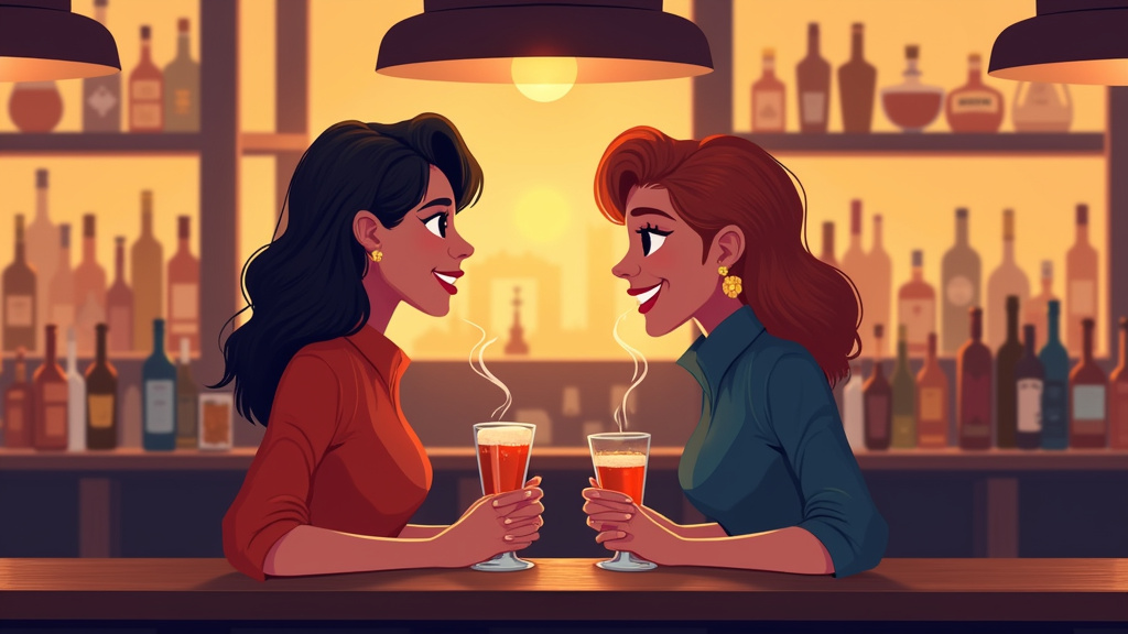 Illustration de deux personnes en train de discuter dans un bar, avec des gestes respectueux et un échange bienveillant