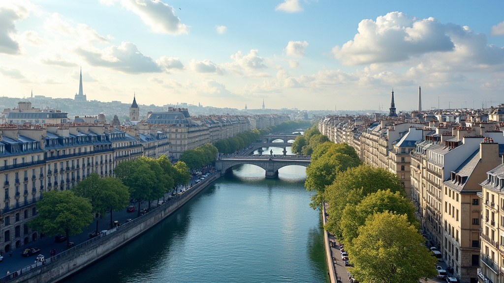 Vue aérienne du 3ème arrondissement de Paris, avec les quais de Seine et les toits typiques de la ville