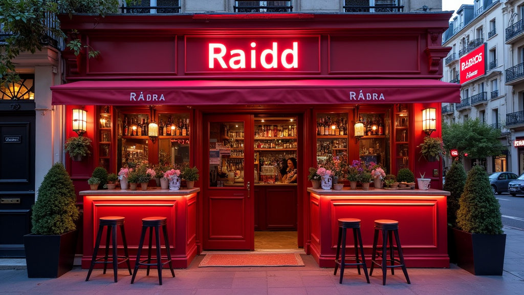 Entrée du Raidd Bar à Paris, 4ème arrondissement, avec un mur décoré en couleur vive et une terrasse extérieure animée