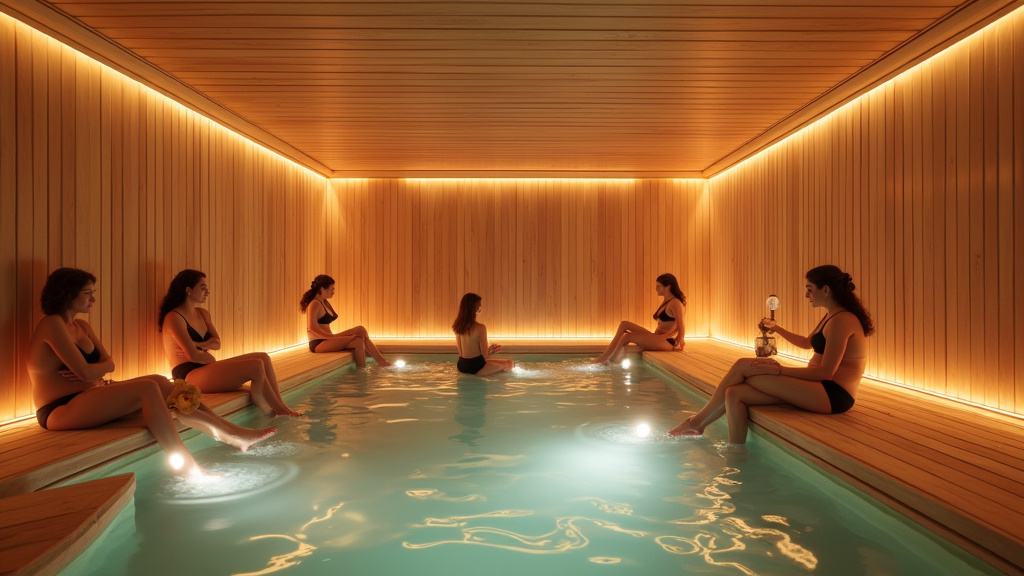 Intérieur du Sauna Amphibi à Paris, avec des lumières tamisées, des douches, des zones détente et des personnes relaxant dans un cadre chaleureux