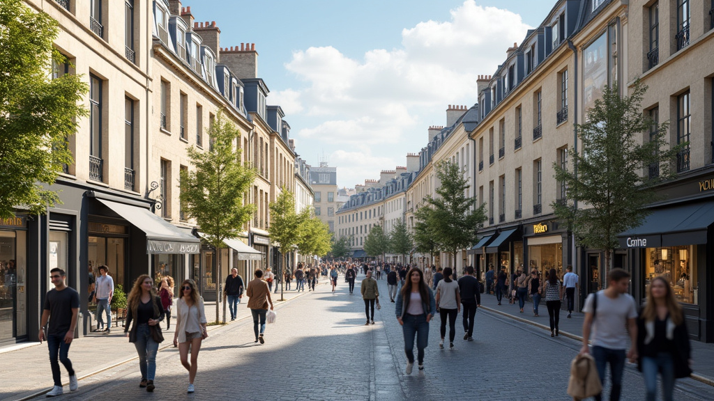 Vue aérienne du Marais à Paris avec les rues piétonnes, les façades anciennes et des personnes marchant dans les ruelles du 4ème arrondissement