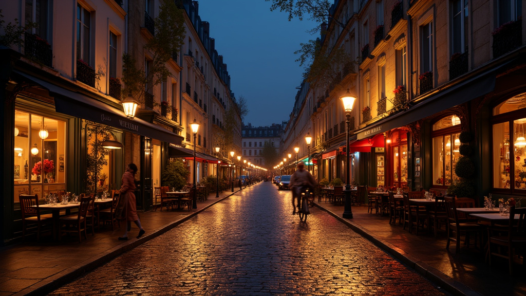 Ambiance nocturne du 5e arrondissement de Paris, rue Saint-Julien-le-Pauvre avec éclairage chaleureux et piétons