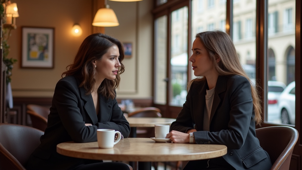 Deux personnes en discussion dans un café du 5e arrondissement, visages tournés l