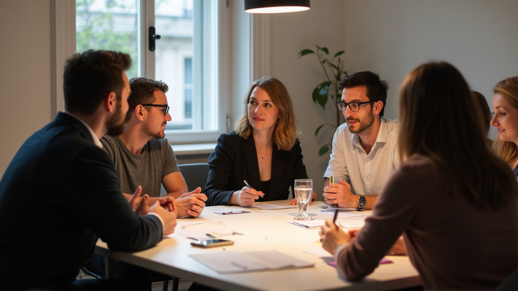 Réunion d’association LGBTQ+ à Paris, avec participants en discussion autour d’une table