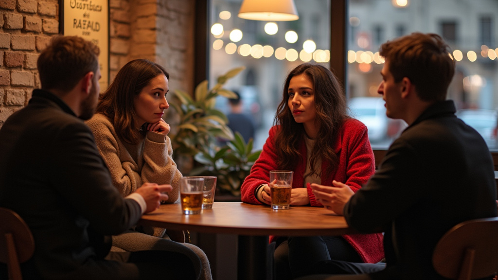 Groupe de personnes transgenres et queer en discussion dans un café du 6ème arrondissement de Paris