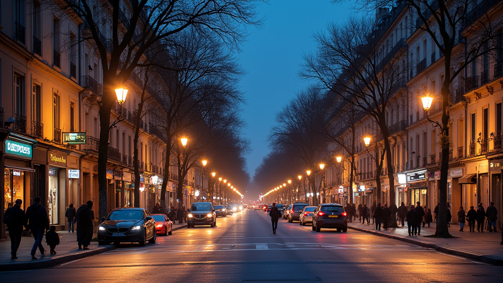 Vue nocturne du 6ème arrondissement de Paris, avec des rues animées et des lumières douces