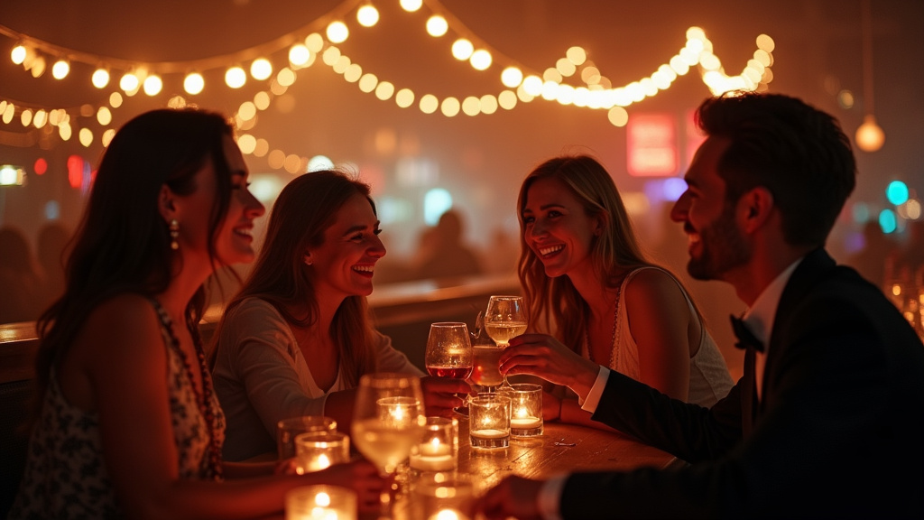 Ambiance chaleureuse et festive dans un bar inclusif à Paris, avec des personnes souriantes et des lumières tamisées.