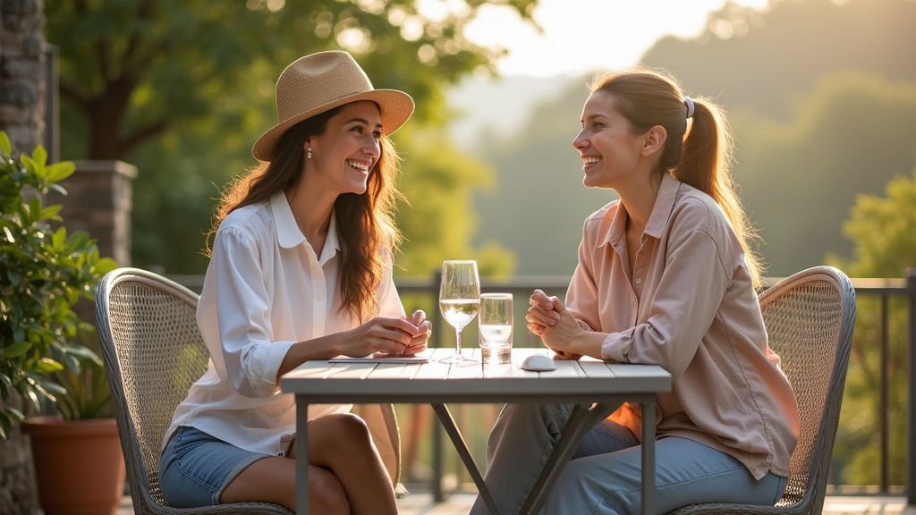 Deux personnes assises en terrasse, souriantes et attentives l