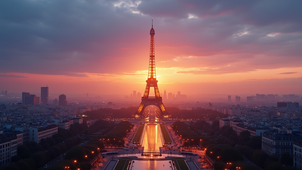 Vue panoramique de Paris au coucher du soleil avec la Tour Eiffel illuminée, symbolisant une ville ouverte et accueillante.