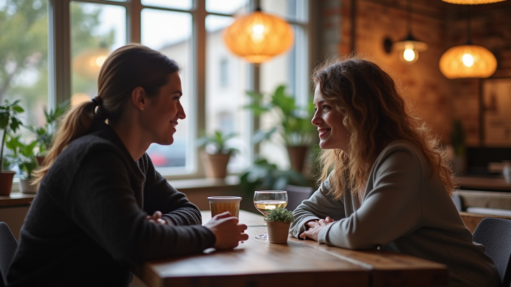 Conversation bienveillante entre deux personnes trans à Pau, en train de discuter dans un café ouvert et inclusif