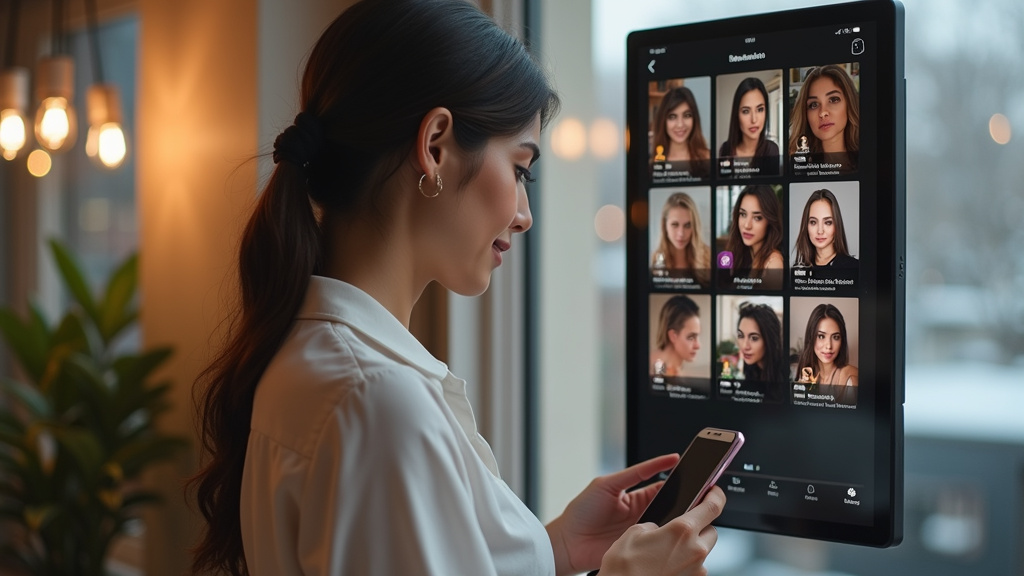Femme transgenre en train de consulter son téléphone avec des profils de rencontres sur un écran