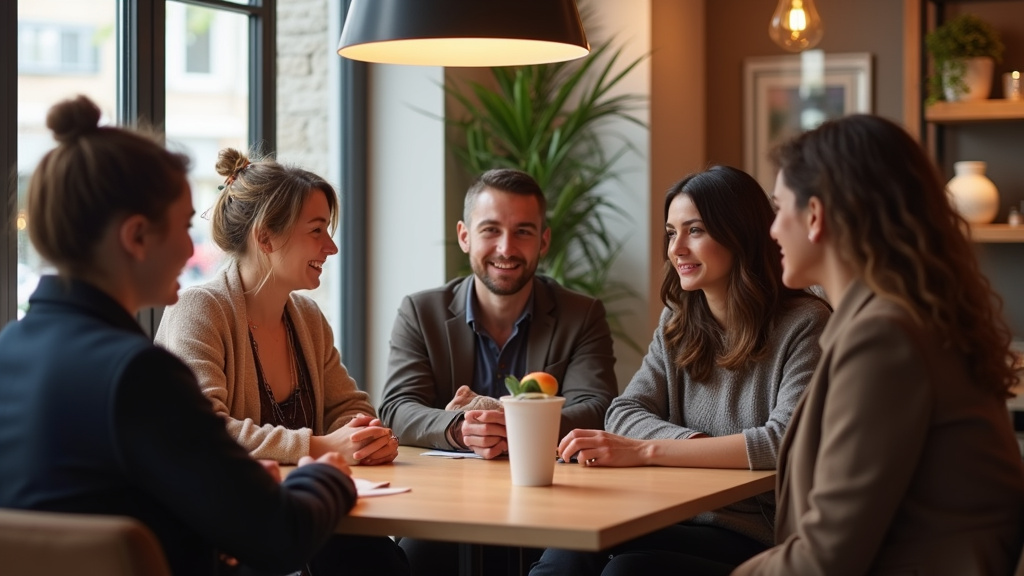 Groupe de personnes transgenres en discussion dans un café convivial à Poitiers