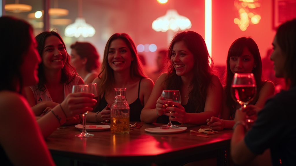 Groupe de personnes souriantes dans un bar LGBTQ+ à Rouen en soirée