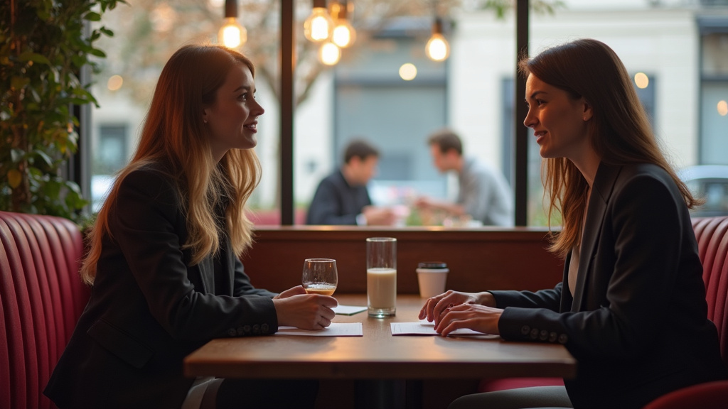 Deux personnes en pleine discussion respectueuse dans un café à Rouen