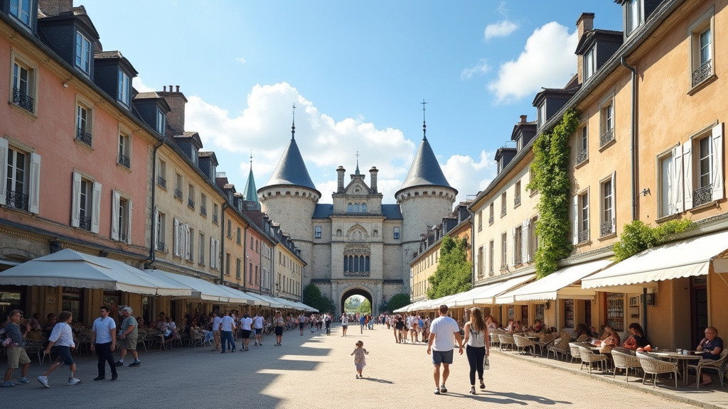 Vue panoramique du centre-ville de Saumur avec le château en arrière-plan, des gens marchant dans les rues en pleine journée