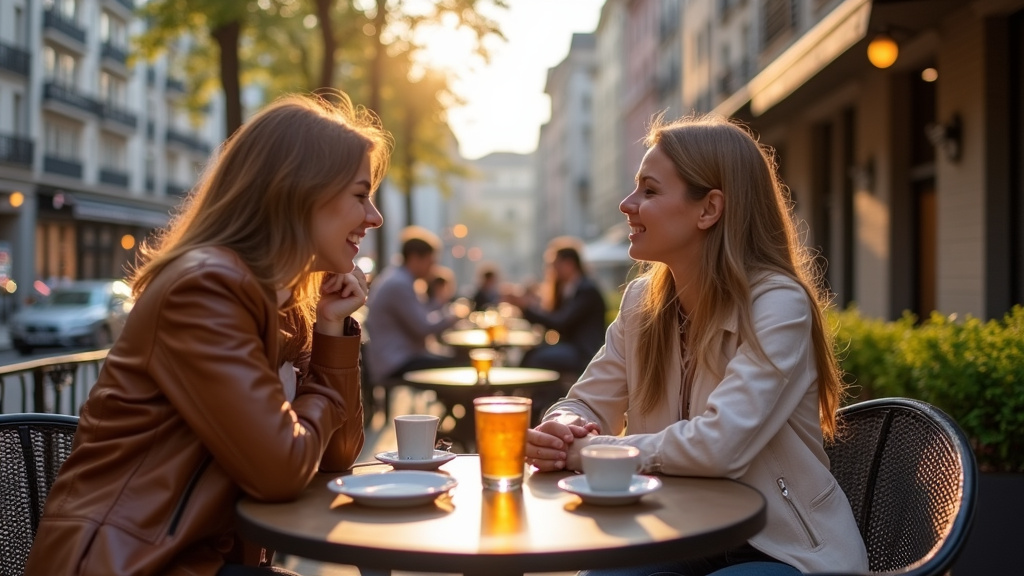 Terrasse de café à Strasbourg, où des personnes trans et alliées discutent dans un cadre chaleureux et inclusif