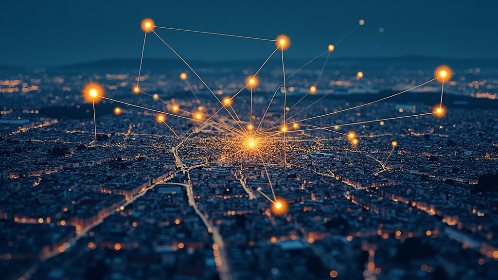 Carte stylisée des villes environnantes de Toulouse avec des points lumineux indiquant des lieux de rencontre