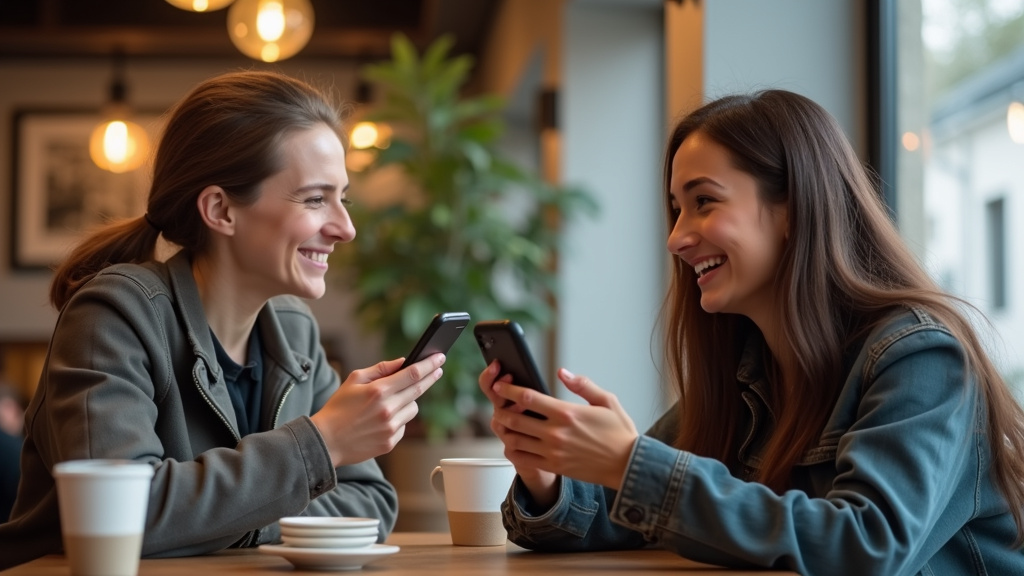Personnes en train de se rencontrer dans un café public à Tourcoing, avec un téléphone en main pour informer un proche de leur rendez-vous