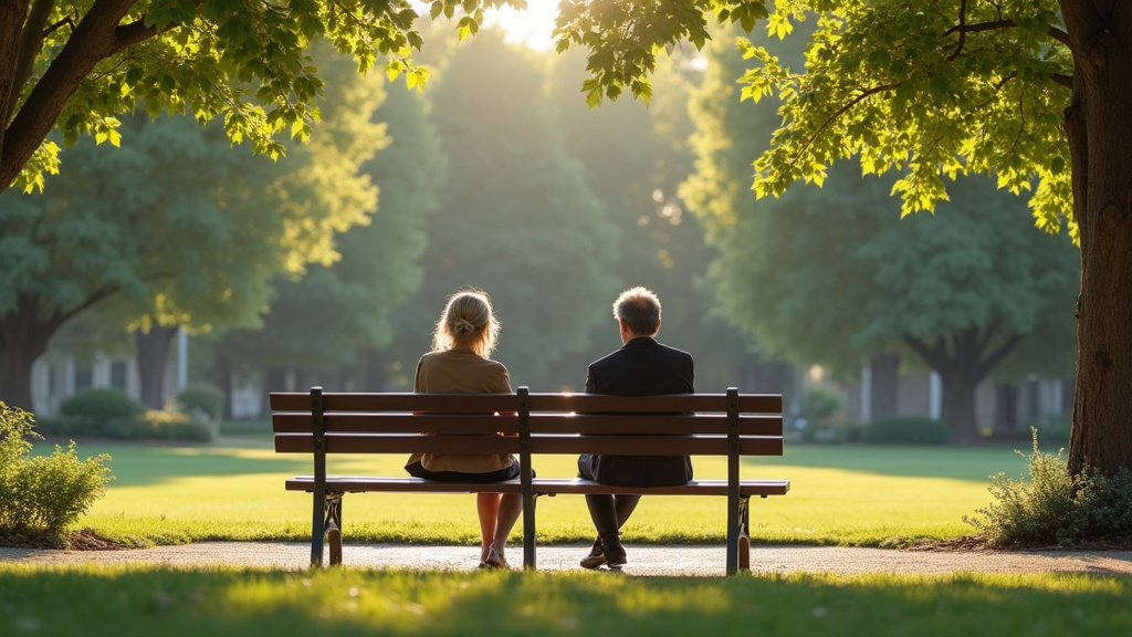 Deux personnes en train de discuter sur un banc dans le jardin des Innocents à Troyes