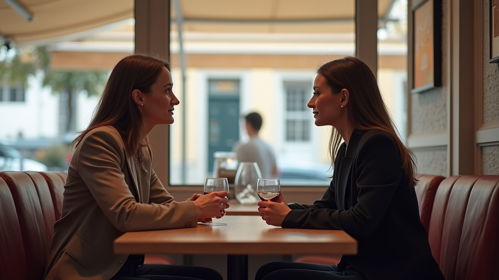 Deux personnes en discussion respectueuse dans un café à Vichy