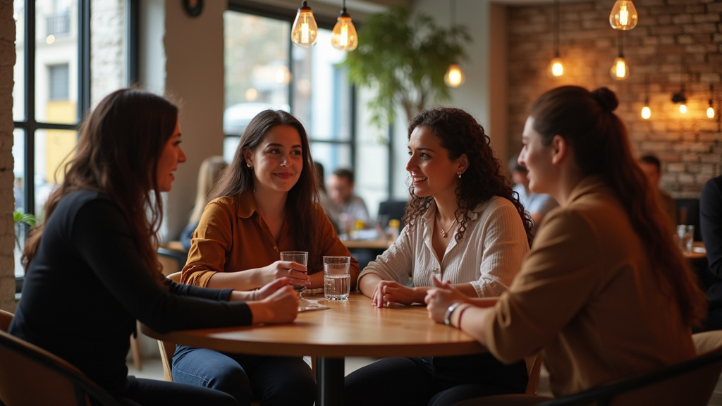 Groupe de personnes transgenres en discussion dans un café sécurisé à Villeurbanne, ambiance chaleureuse et bienveillante