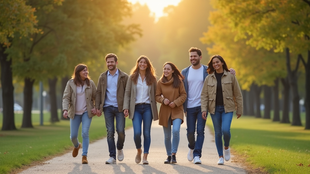 Groupe de personnes se promenant dans un parc à Vitry-sur-Seine, incluant une personne trans, entourées d'arbres et de bancs, symbole d'interaction authentique