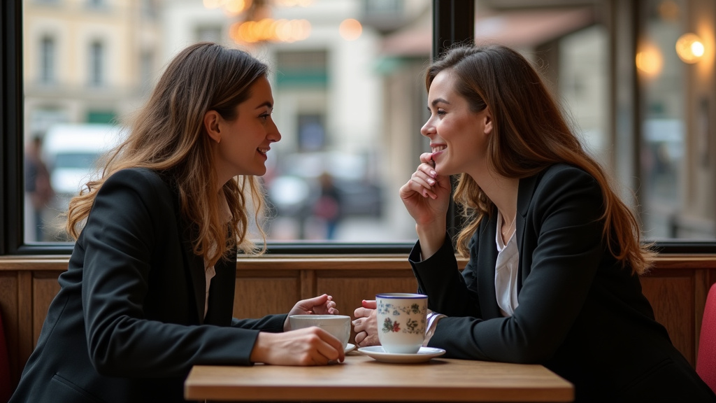 Deux personnes discutant calmement dans un café à Rouen