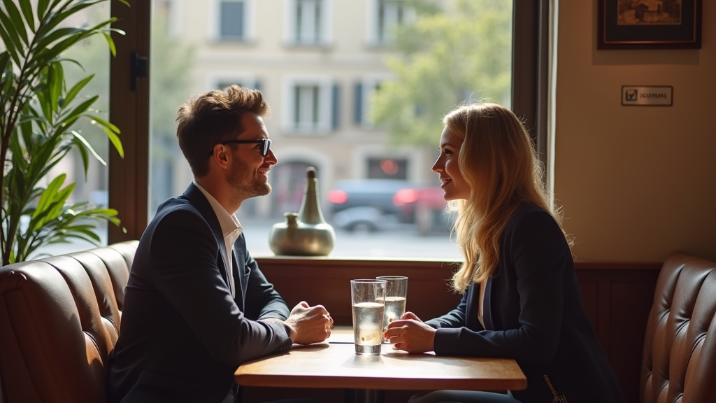 Discussion entre deux personnes dans un café à Lyon, ambiance détendue
