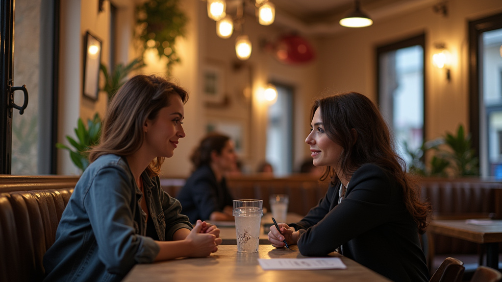 Discussion sérieuse entre deux personnes trans dans un café à Lyon