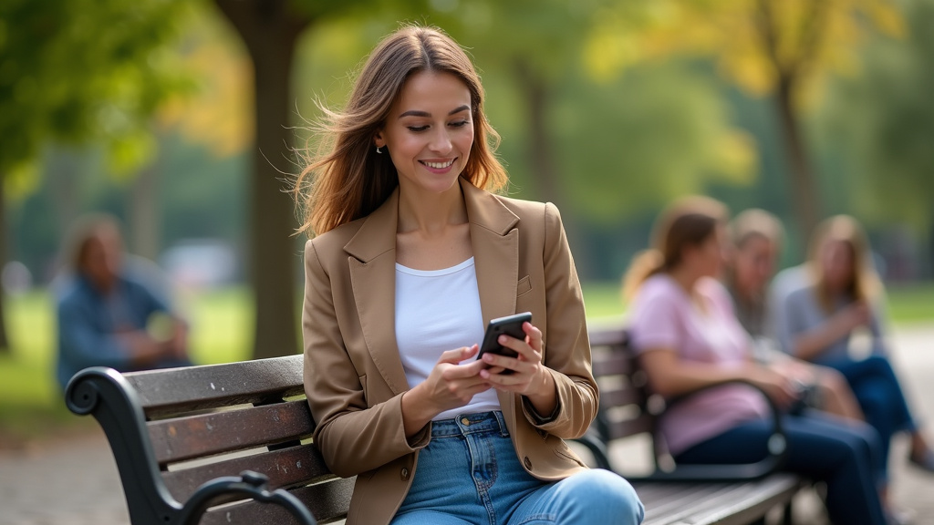 Femme transgenre en train de consulter son téléphone sur un banc, entourée de personnes souriantes dans un parc, symbole de communauté et d’acceptation