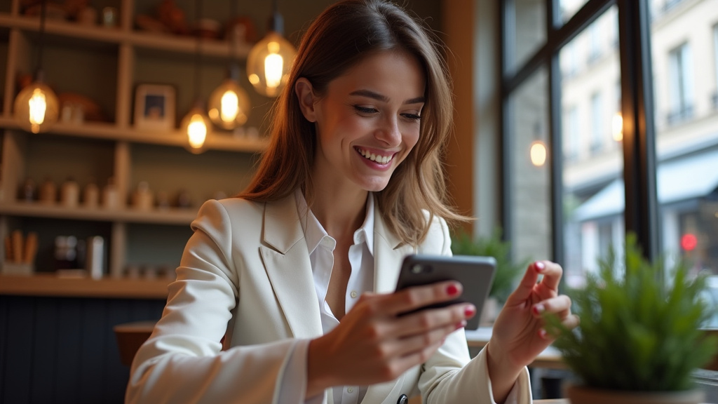 Femme transgenre souriante utilisant une application de rencontre sur son smartphone dans un café parisien, illustrant la facilité des rencontres en ligne.