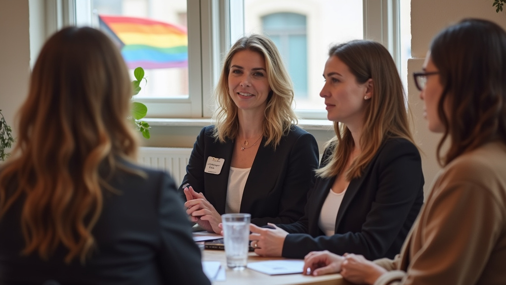 Groupe de personnes transgenres en discussion lors d’un événement communautaire à Marseille, avec des drapeaux LGBTQIA+ en arrière-plan