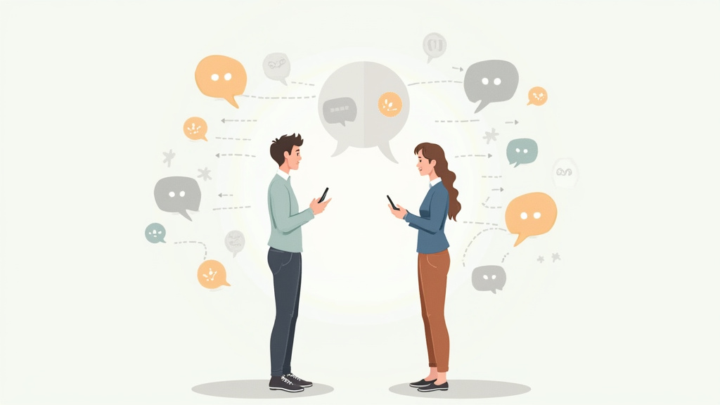 Illustration d’un plan de communication entre deux personnes, avec des bulles de dialogue et des signes de respect