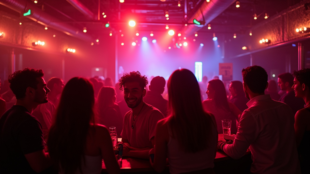Photo de nuit d’un bar LGBTQIA+ à Lyon avec des clients joyeux et une ambiance festive