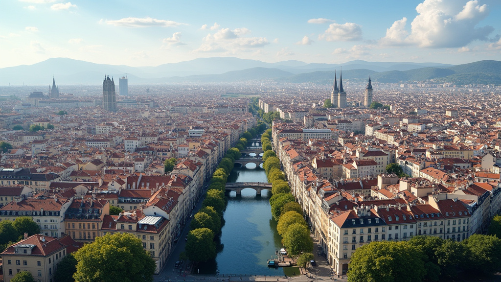 Vue aérienne des rues pittoresques du 1er arrondissement de Lyon avec les pentes de la Croix-Rousse