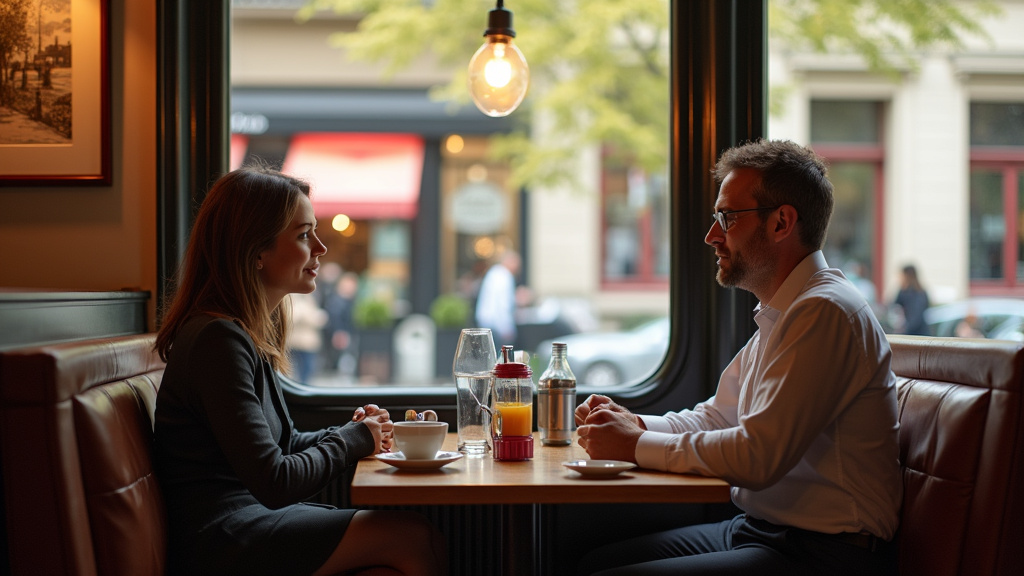 Personne trans en train de discuter avec un ami dans un café lyonnais, ambiance bienveillante, 2025