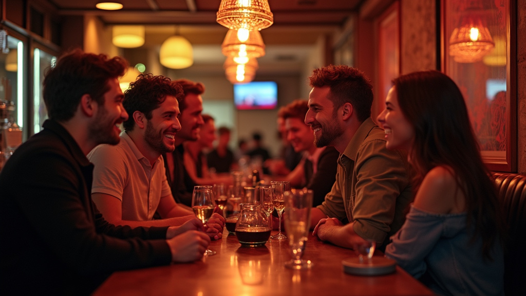 Ambiance conviviale dans un bar LGBTQ+ à Lyon avec des clients souriants