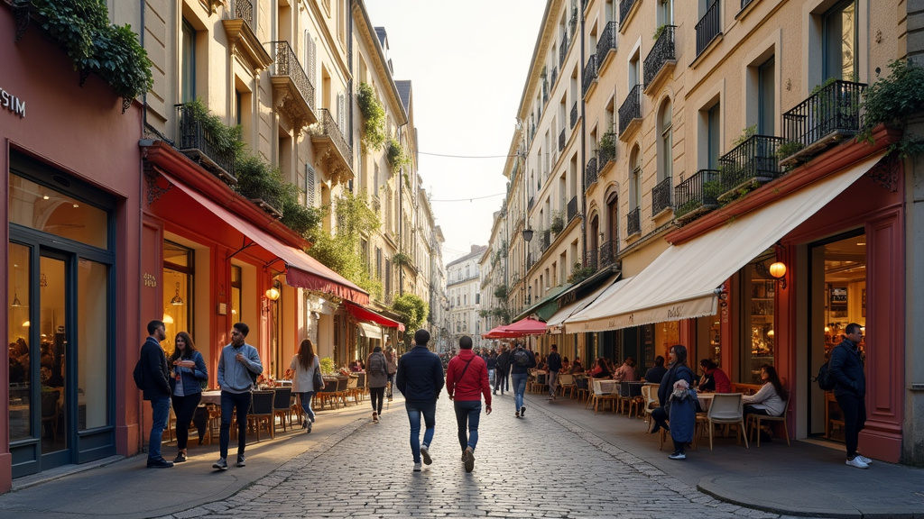 Ambiance chaleureuse du 4e arrondissement de Lyon, avec des passants dans les rues de la Croix-Rousse