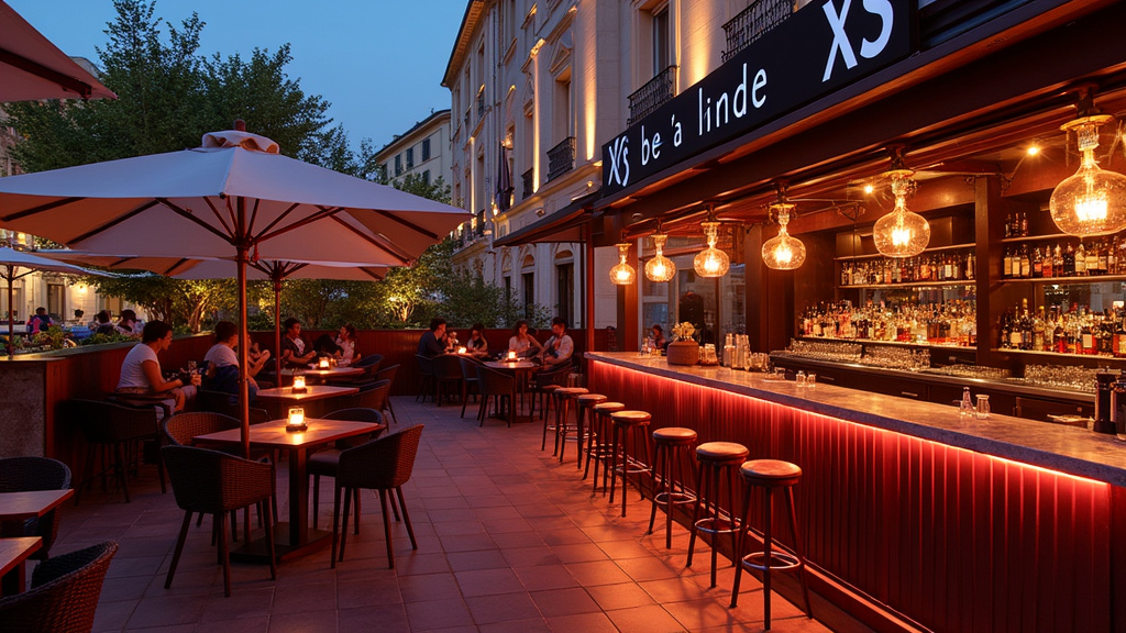 XS Bar à Lyon, avec une décoration moderne, des clients en soirée, et une terrasse éphémère