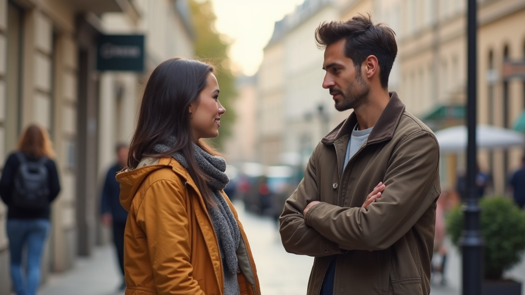 Personne trans en conversation avec un autre adulte, dans un cadre urbain calme et bienveillant