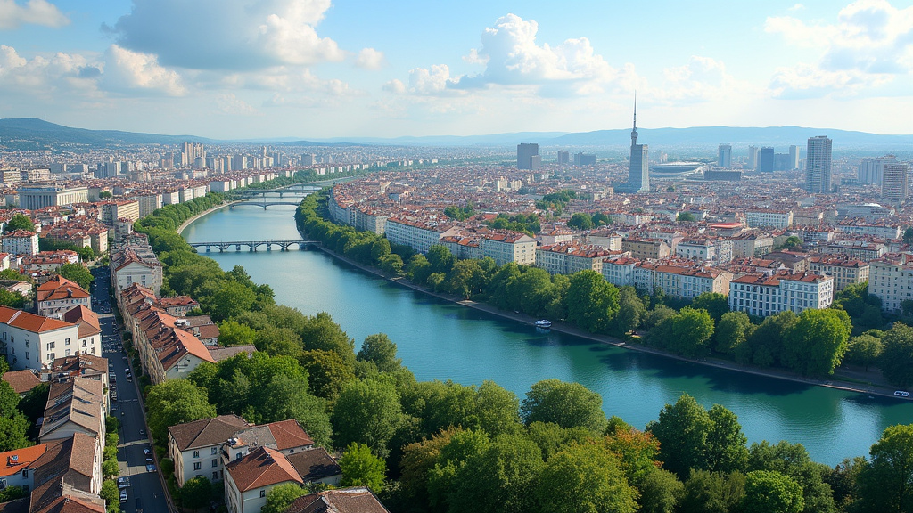 Vue aérienne de Villeurbanne, ville dynamique au cœur du Rhône, avec ses parcs, ses quartiers résidentiels et son architecture moderne