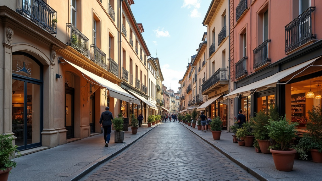 Vue de la rue au 6e arrondissement de Lyon, avec des bâtiments historiques et une ambiance urbaine chaleureuse